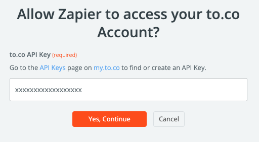 Zapier entering a to.co API Key