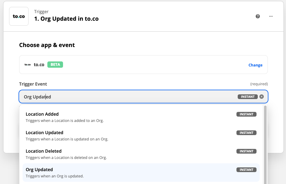 Zapier choosing trigger event