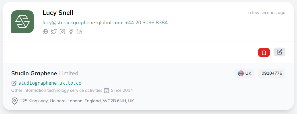 Example of a new contact enriched from just the name and email address Example of a new contact enriched from just the name and email address